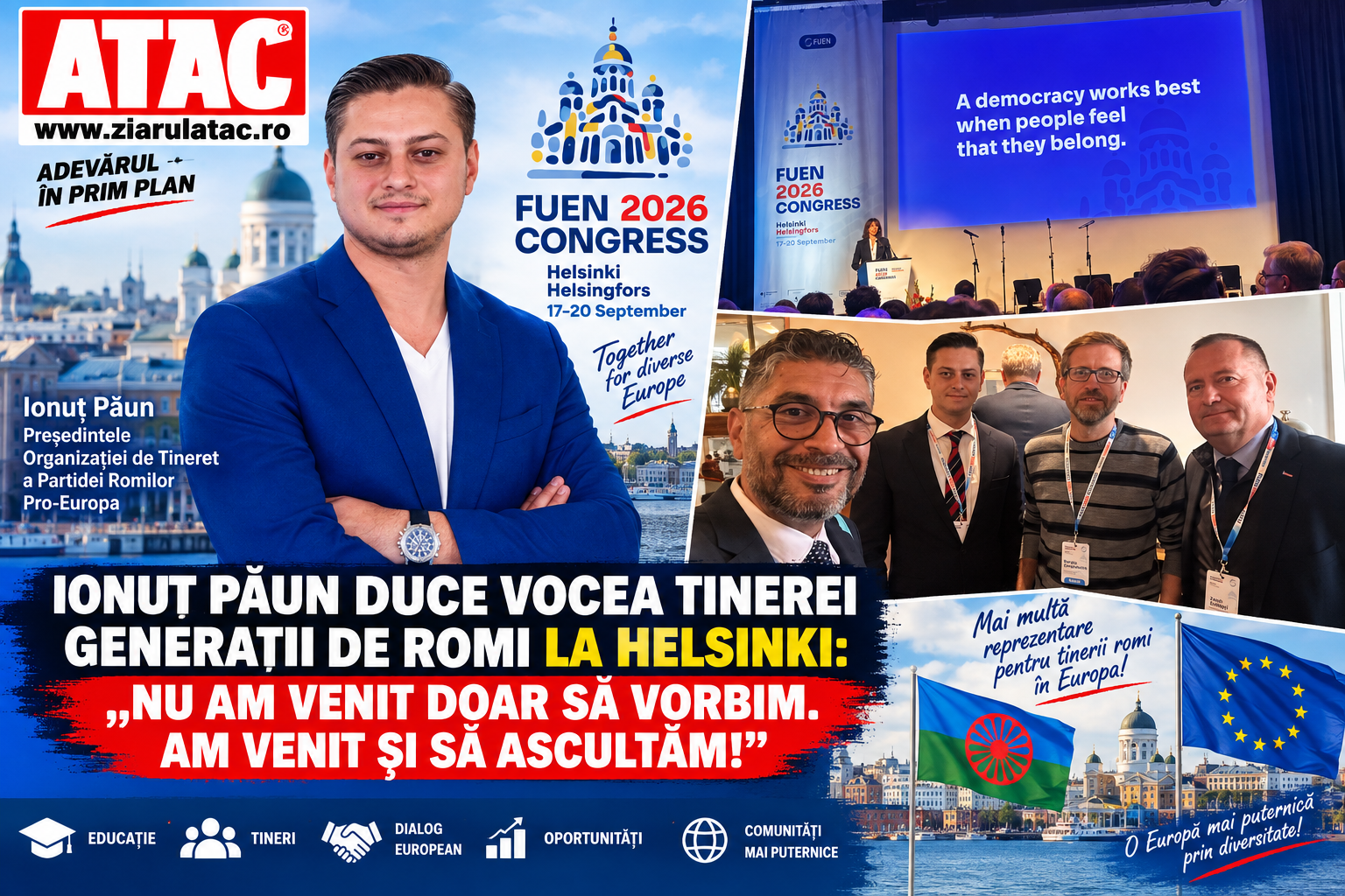 IONUȚ PĂUN DUCE VOCEA TINEREI GENERAȚII DE ROMI LA HELSINKI: „NU AM VENIT DOAR SĂ VORBIM. AM VENIT ȘI SĂ ASCULTĂM!”